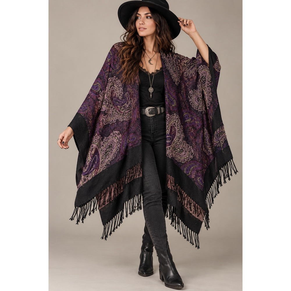 Whimsigoth Boho Paisley Fringe Poncho Stevie Nicks Witchy Festival Wrap OS